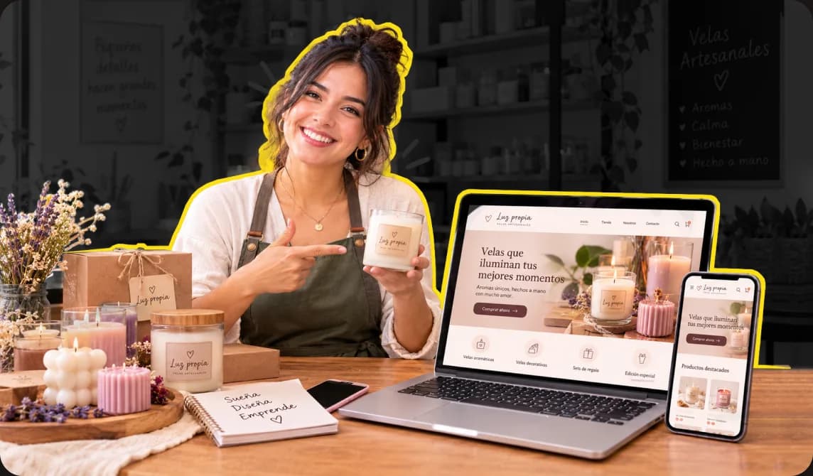Emprendedora de velas artesanales junto a su web abierta en una laptop y un celular