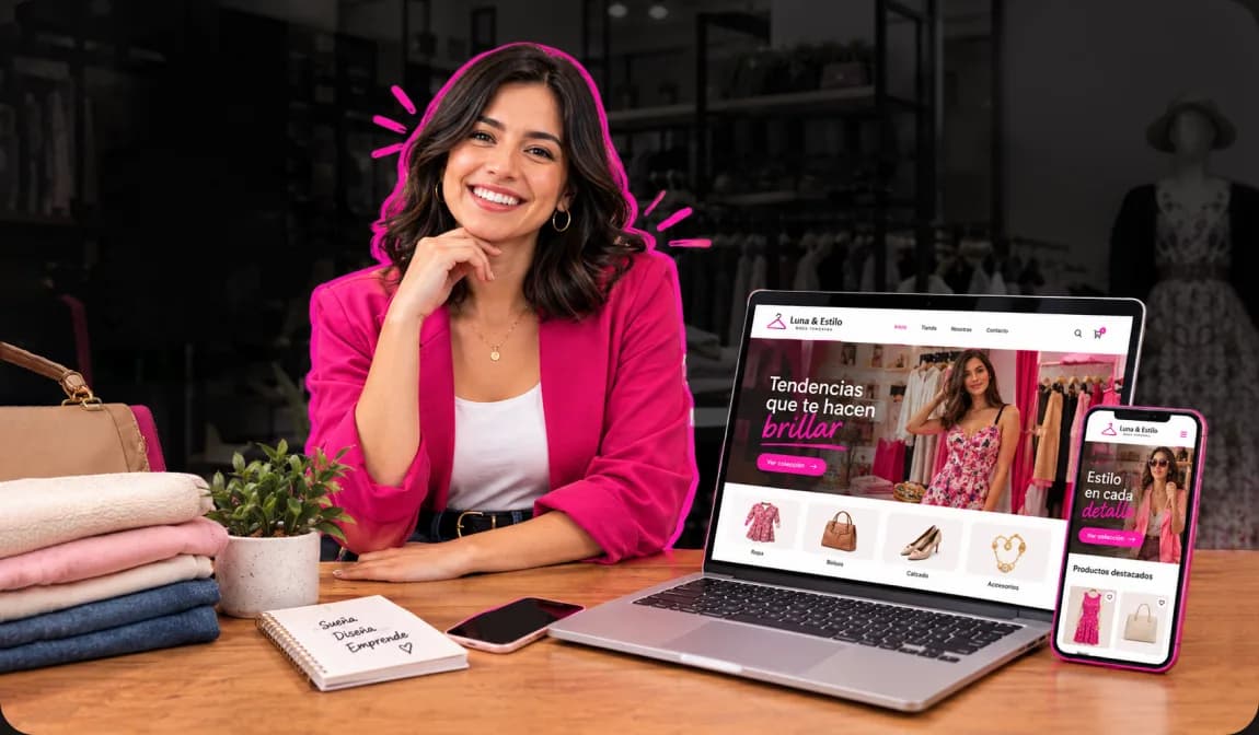 Dueña de una tienda de ropa junto a su web abierta en una laptop y un celular