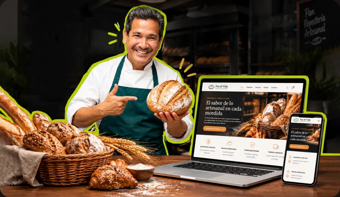 Panadero artesanal junto a la web de su panadería abierta en una laptop y un celular