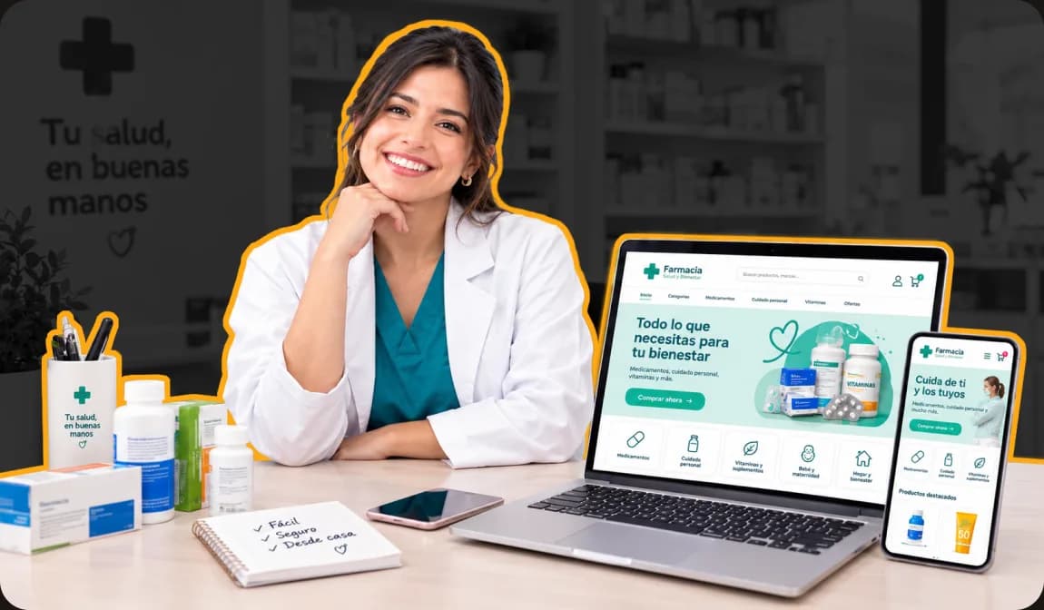 Farmacéutica junto a la tienda en línea de su farmacia abierta en una laptop y un celular
